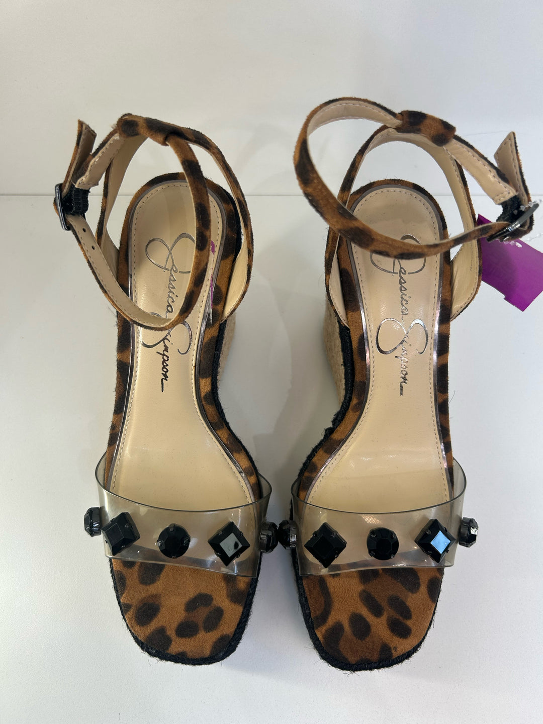 Jessica Simpson Open Toe Clear w Black Stone Wedge Sandals Sz 6