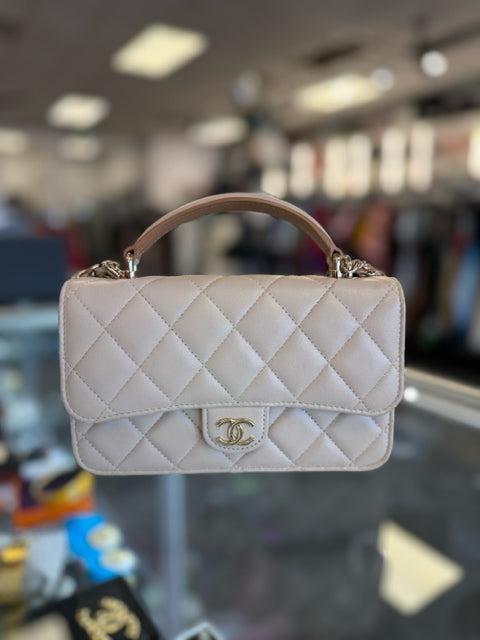 Chanel 2023 Beige Leather Chain Top Handle Crossbody Bags