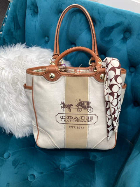 Pre Owned Coach Beige Leather handles w/coach logo and C logo scarf Tote Bag.