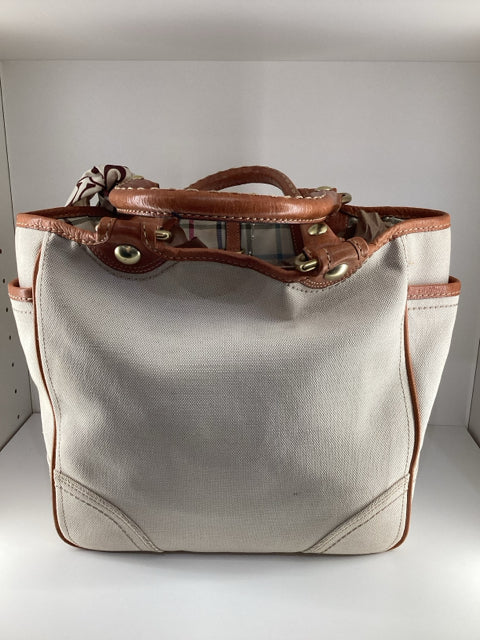 Pre Owned Coach Beige Leather handles w/coach logo and C logo scarf Tote Bag.