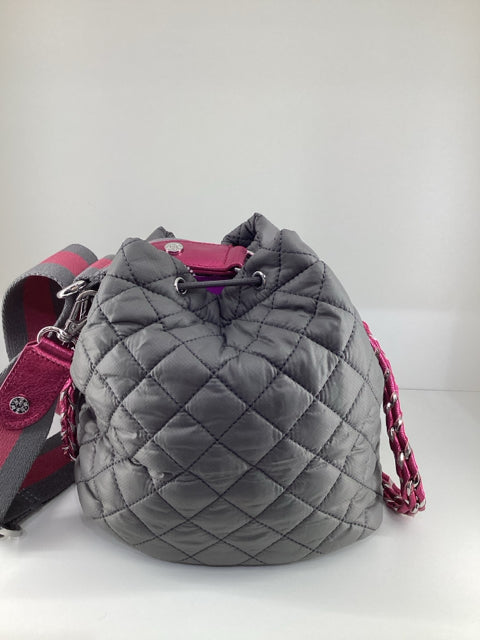 NWT Mz Wallace Medium Nylon Greyw/ Pink Accents Cross Body Bucket Bag.
