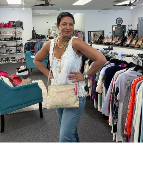 Pre Owned Coach Nylon Beige All over logo w/pink straps/trip Cross Body