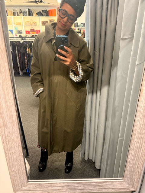 SEZANE Sz 42 Olive Green Trench Jacket Coat w/ Plaid Lining