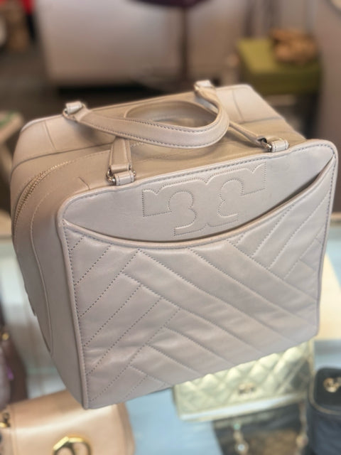 Tory Burch Alexa 2 Handle Chevron Grey Leather Hand Bag Bowler