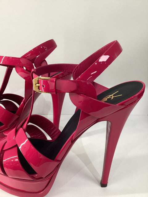 Sz 38 Yves Saint Laurent Fuschia Tribute Patent Leather Sandals Shoes w/ box