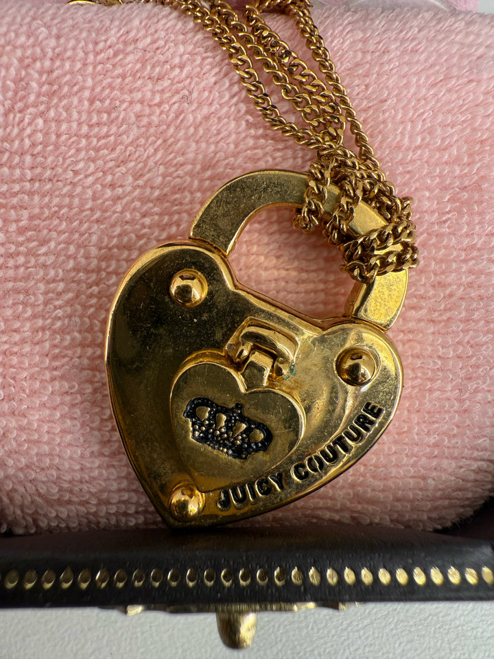 Vintage Juicy Couture Dual Strand GP Heart w/ Padlock Necklace