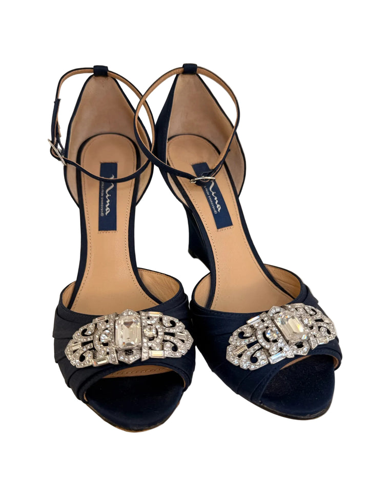 Nina Navy Wedge Satin Sandles Sz 8