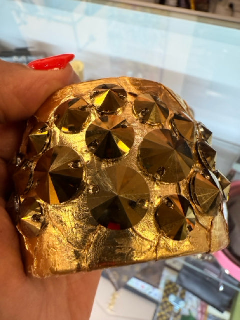 TED ROSSI gold Leather nyc scaled w/ studs Cuff  Bracelet