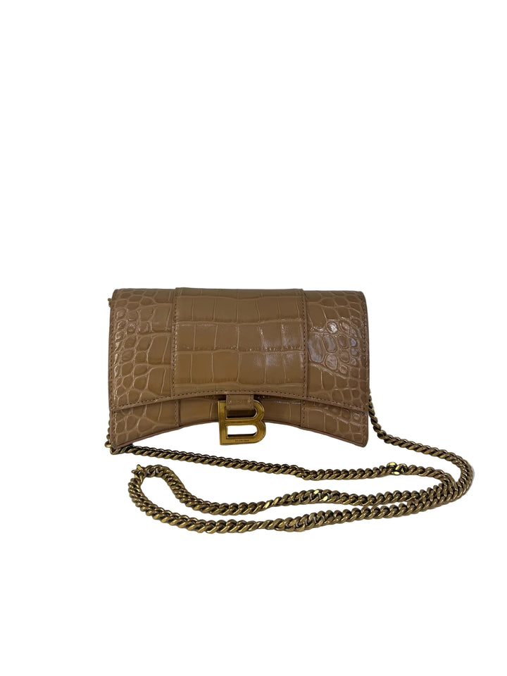 Balenciaga Leather Croc Print Designer Wallet on Chain