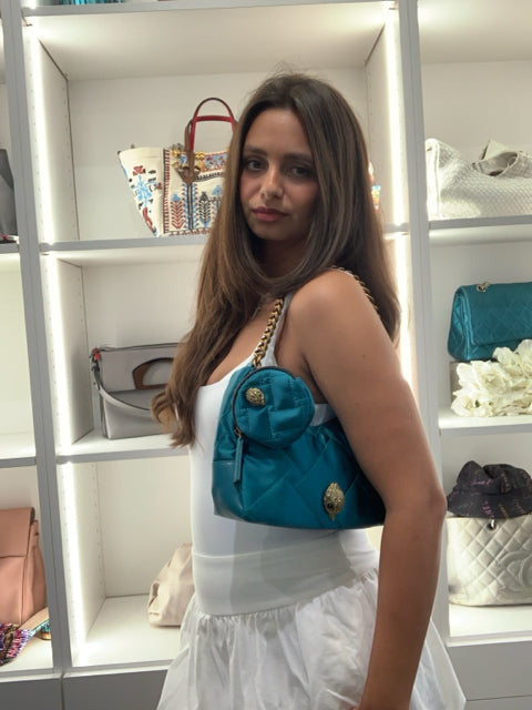 Pre Owned Kurt Geiger Small Nylon Xbdy Deep Teal w/Coin Purse/chain Cross Body.