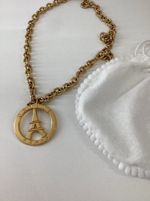 Pre Owned Celine Paris Eifel Tower Gold Medallion on Chain Jewelry