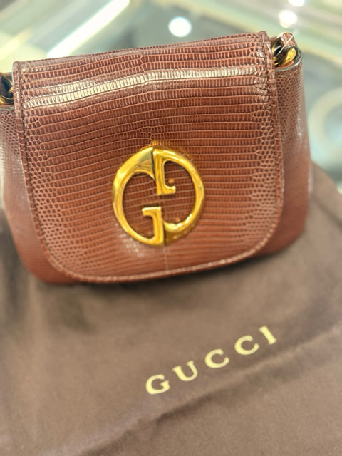 Pre Owned Gucci Lizard Brown Designer Bag W/ Dustbag