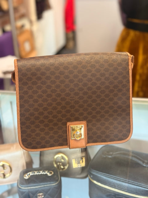 Celine Brown Coated Canvas Cross Body Messenger