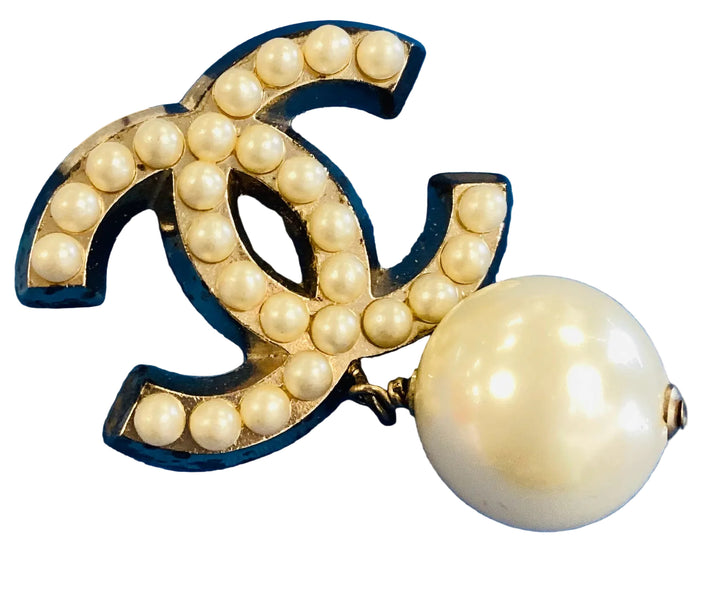 Vintage Chanel Interlocking CC Pearl Drop Brooch Pin