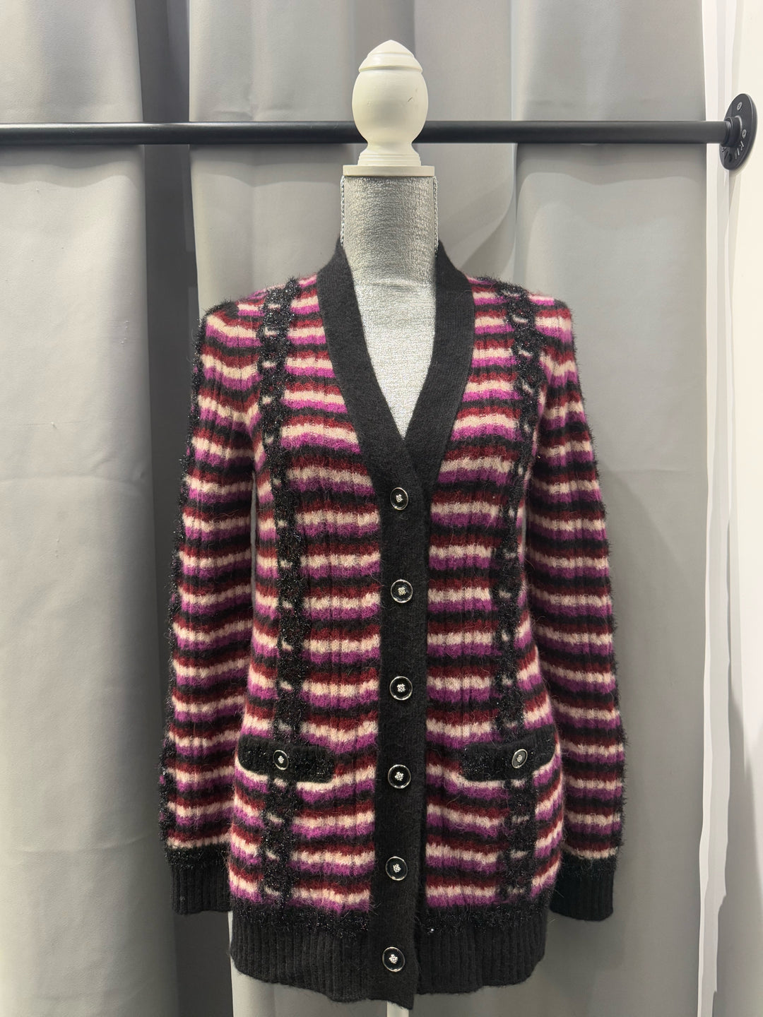 Chanel L/S V Neck Alpaca Striped Black Trim Cardigan Size 34