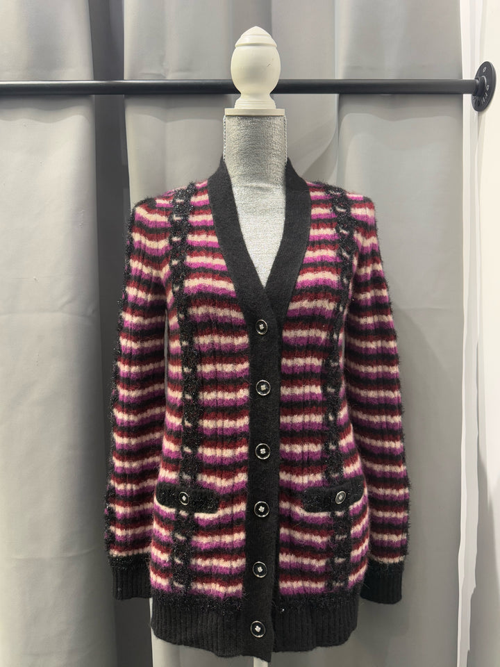 Chanel L/S V Neck Alpaca Striped Black Trim Cardigan Size 34