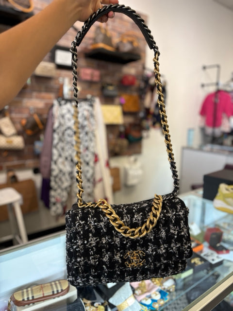 Chanel 19 Flap Tweed Hand Bag Two Tone