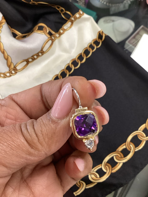 Pre Owned John Medeiros Gold and Amethyst/CZ Earrings w/ Clip Back