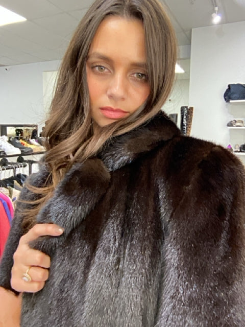 Pre Owned Diane Dark Brown Long Mink Fur Coat. Size S/M