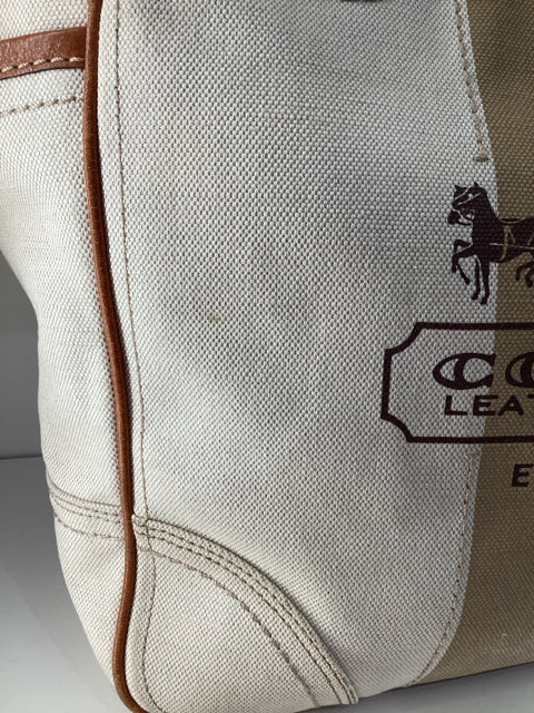 Pre Owned Coach Beige Leather handles w/coach logo and C logo scarf Tote Bag.