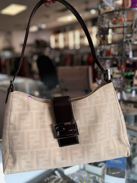 Fendi Canvas Ivory Baguette w/ Brown Leather Accents Designer Bag