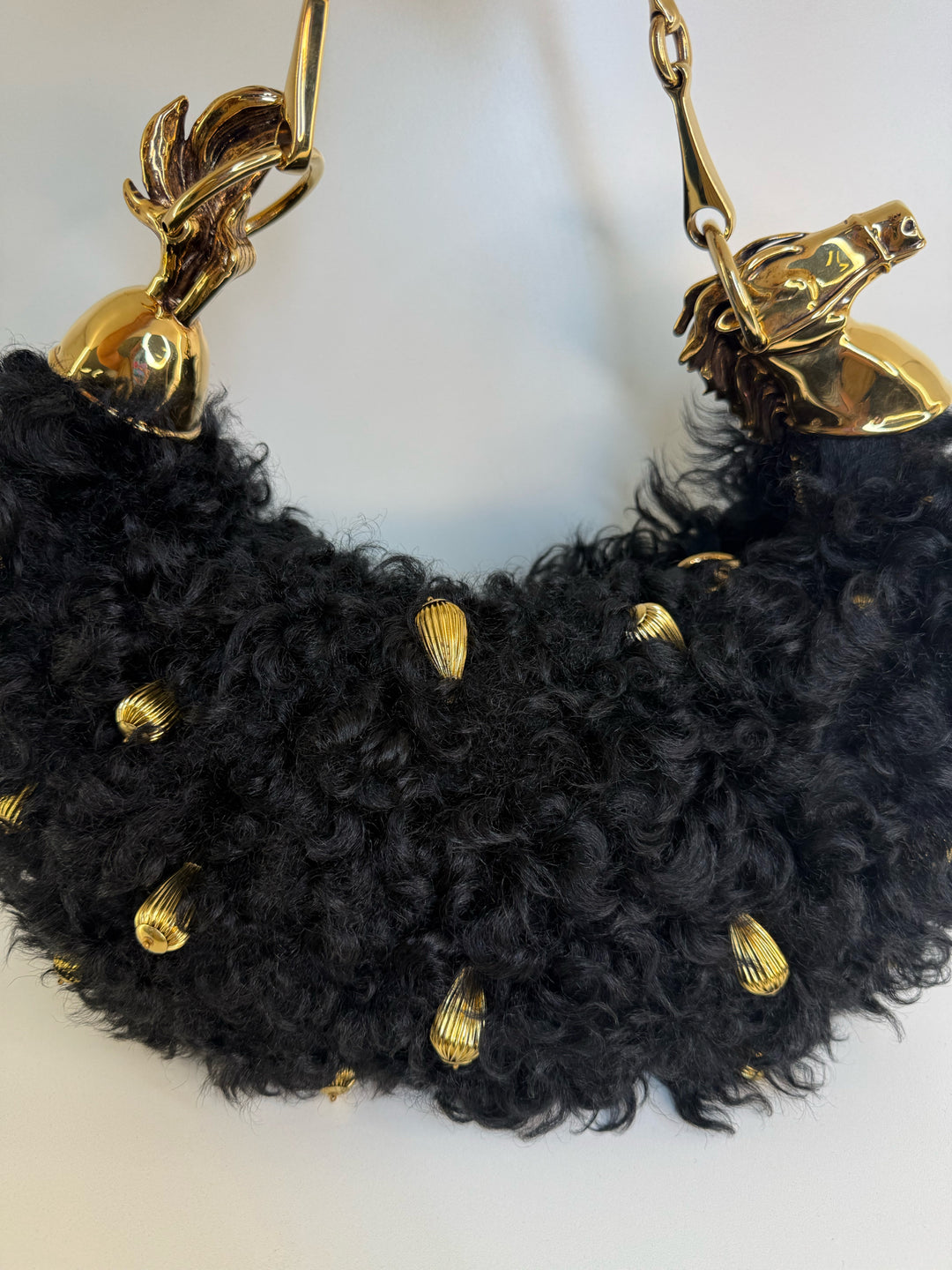 Chloe Chain Black Horse Shoulder Bag in Curly Shearling