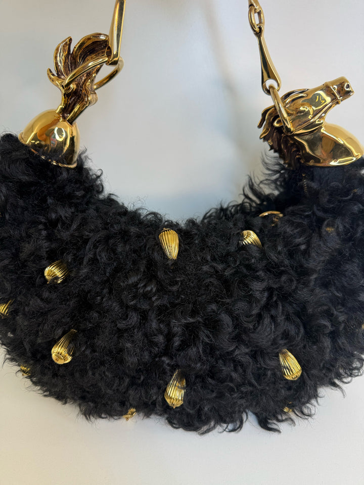 Chloe Chain Black Horse Shoulder Bag in Curly Shearling
