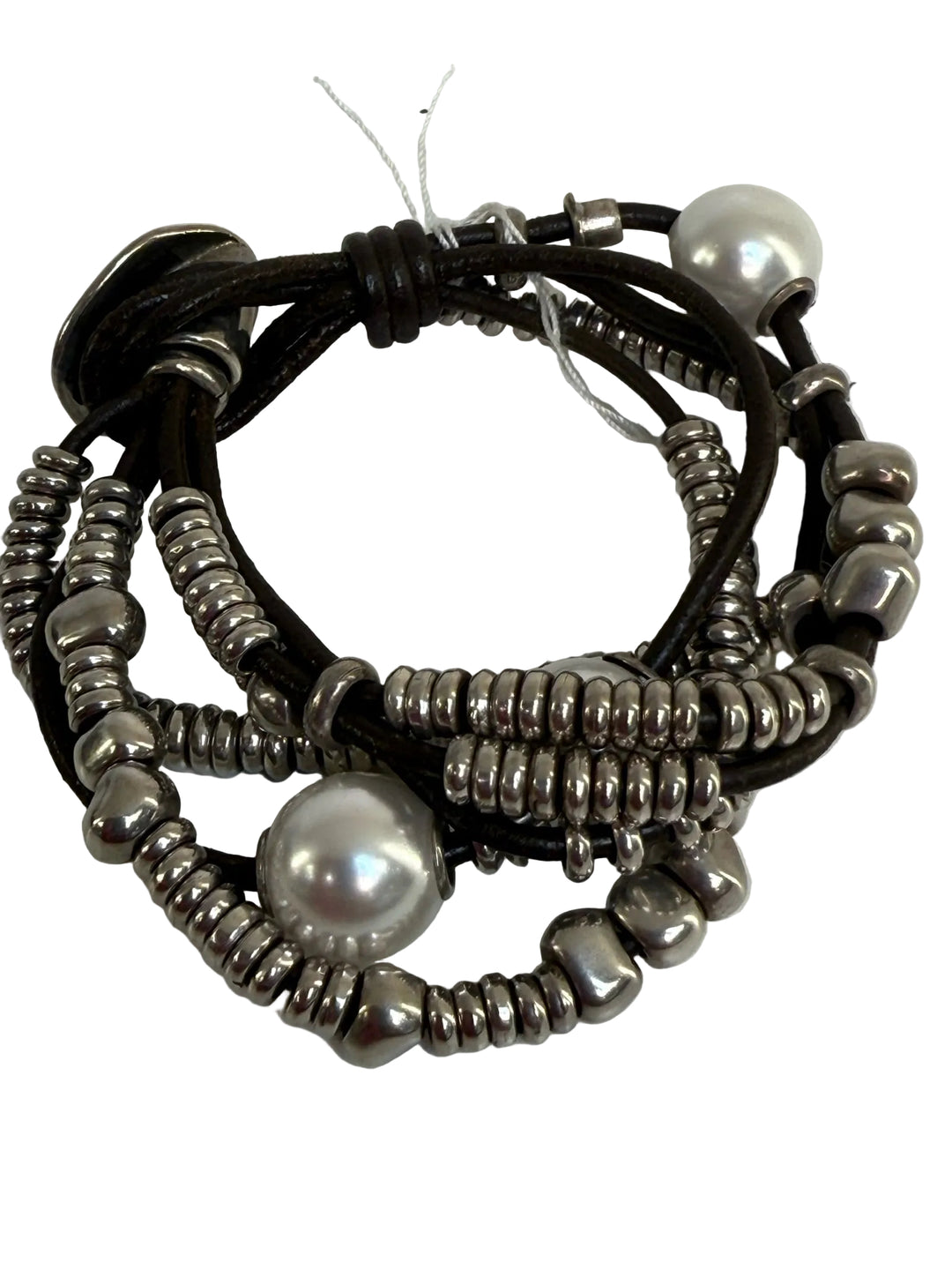 Uno De 50 Multistrand Leather Beads Faux Pearl 7" Bracelet