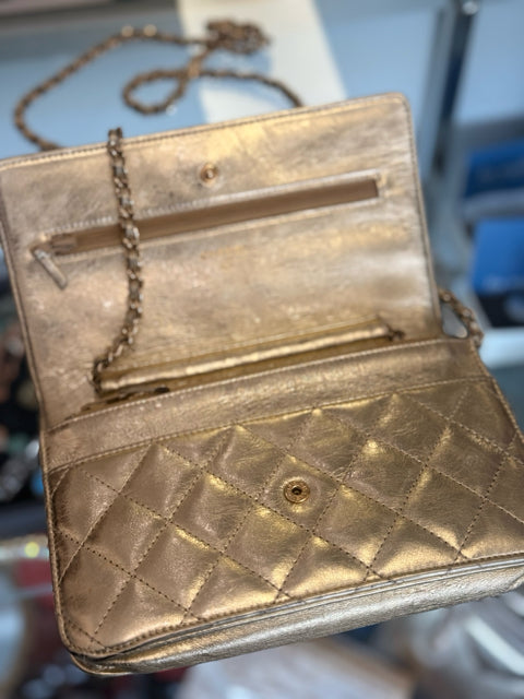 Chanel Metallic Gold Quilted Designer Bag W/ Dustbag