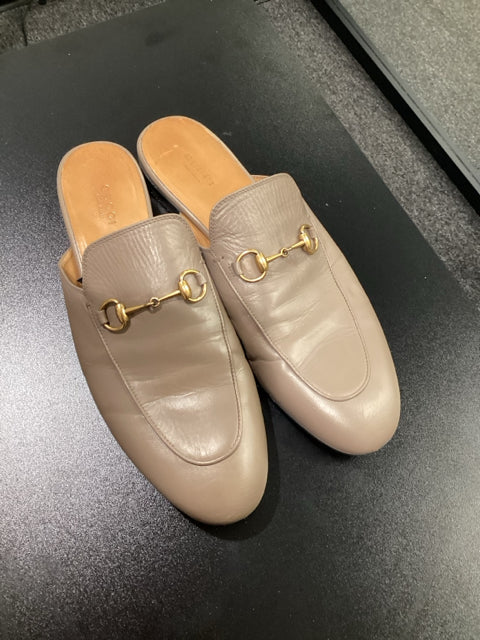 Pre Owned Gucci Sz 40.5 Tan Princeton Designer Mules Shoes Slides