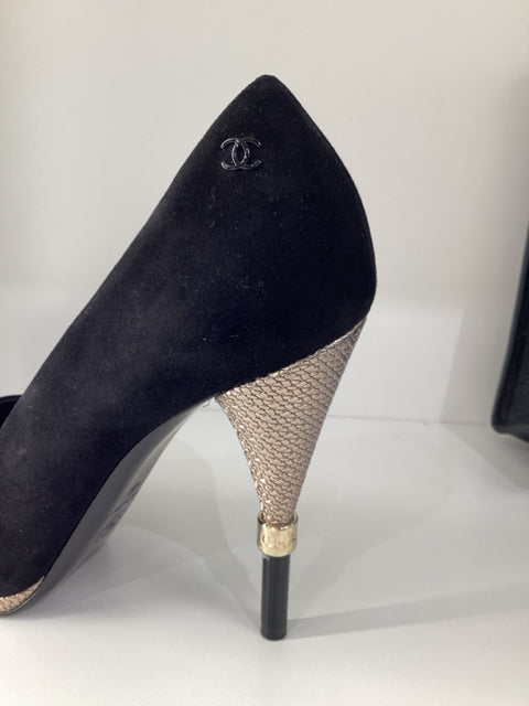 Sz 40 Chanel Multi Media Black Suede Satin Heels Pumps Shoes
