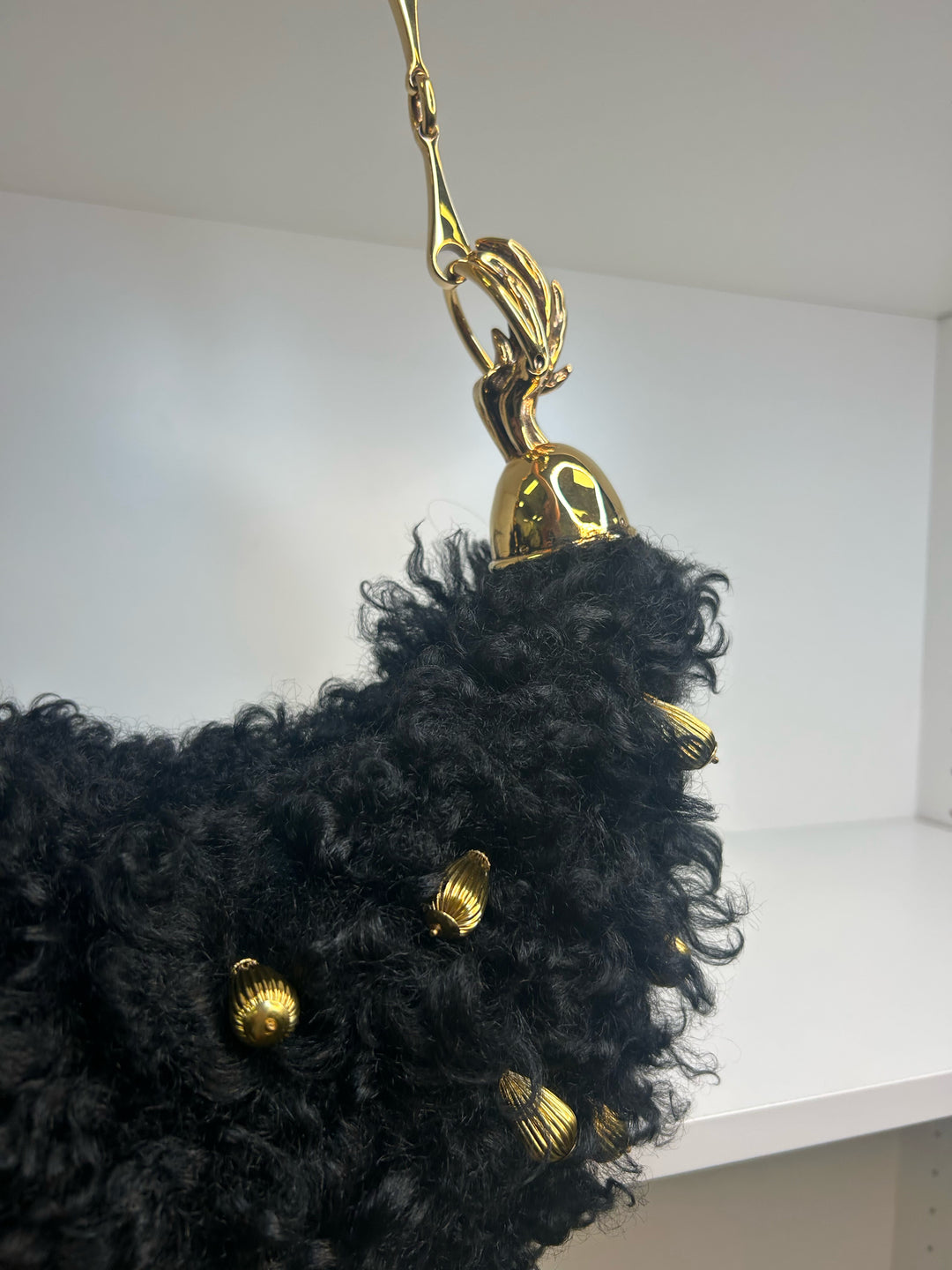 Chloe Chain Black Horse Shoulder Bag in Curly Shearling