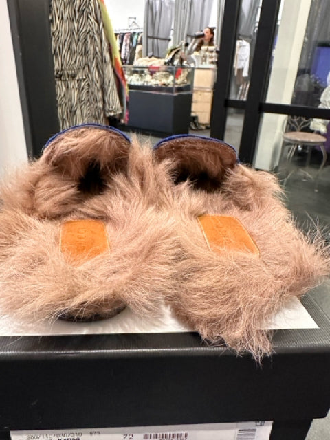 Gucci Sz 35.5 Blue Horsebit Velvet and Fur Shoes Mules Designer