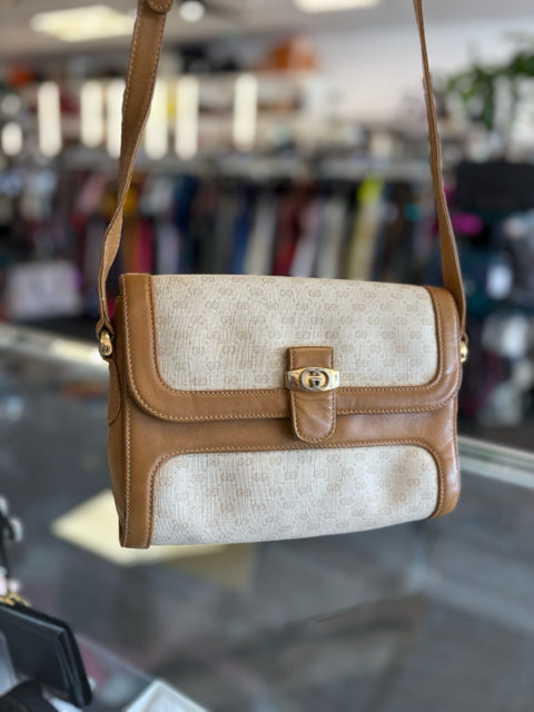 Gucci Vintage GG Cream Micro Guccissima w Tan Leather Crossbody Mini Tote Handbag