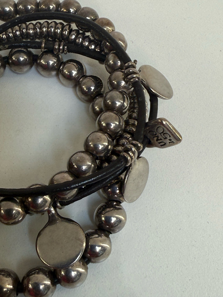 Uno De 50 5 strand leather small/large silver beads Bracelet