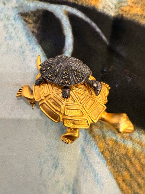 Judith Jack Mama Baby Turtle Pin Gold Plated-Marcasite Pin