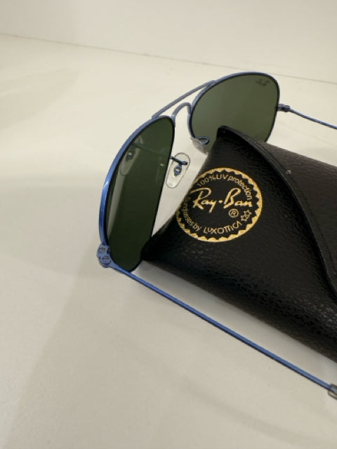 Pre Owned Ray Ban Aviator Large Blue Metal Sunglasses w/ Case
