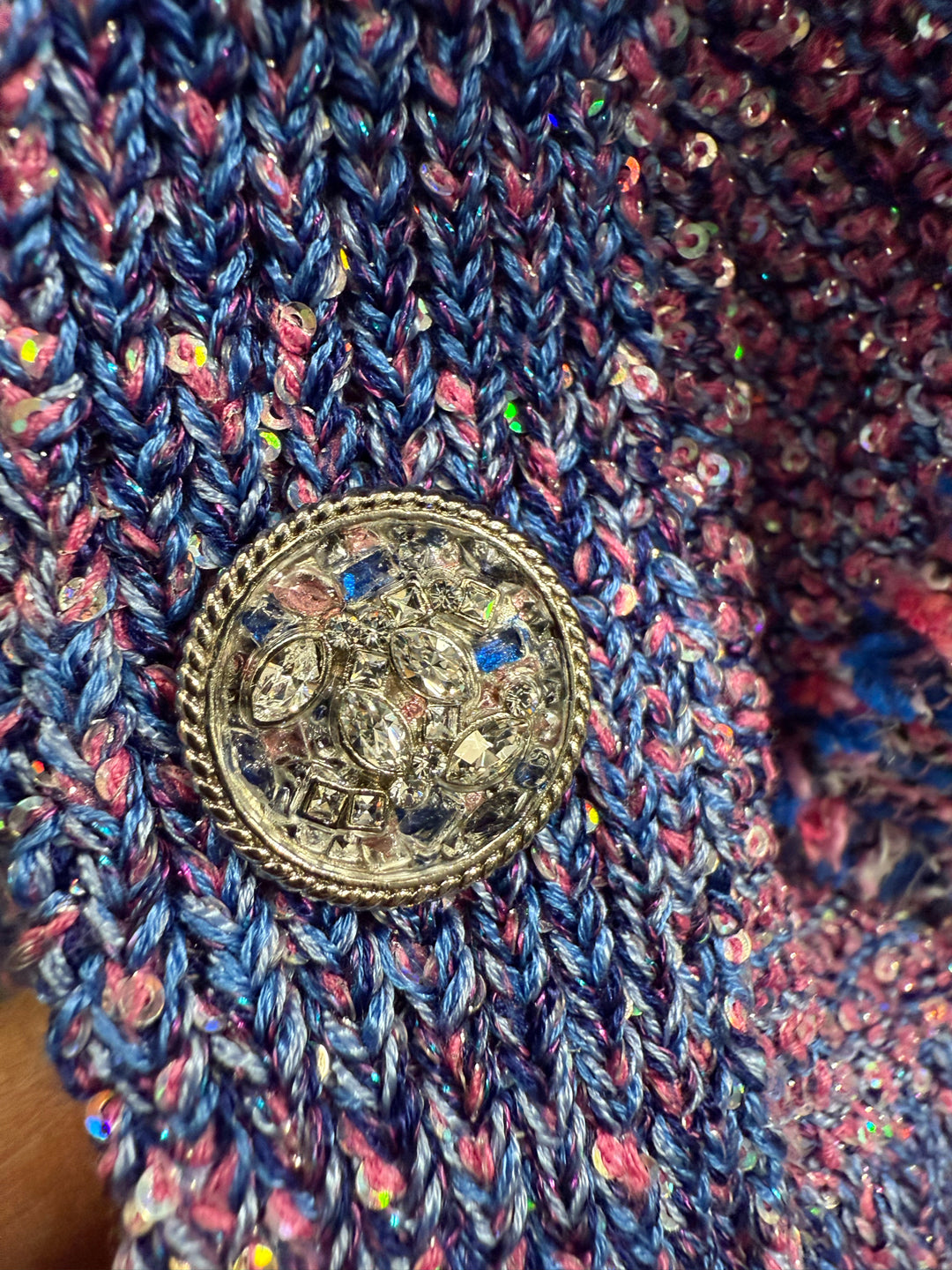 Chanel 23P Sequin Embellished Tweed Cardigan w Rhinestone Buttons Size 36