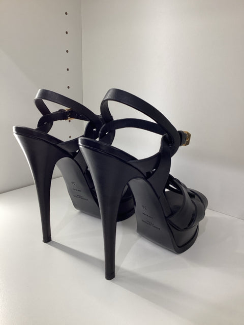 Sz 38 Yves Saint Laurent Black Tribute Leather Heels Sandals Shoes
