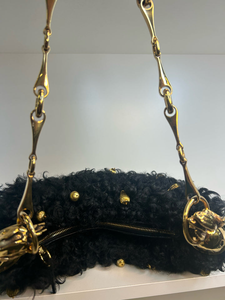 Chloe Chain Black Horse Shoulder Bag in Curly Shearling