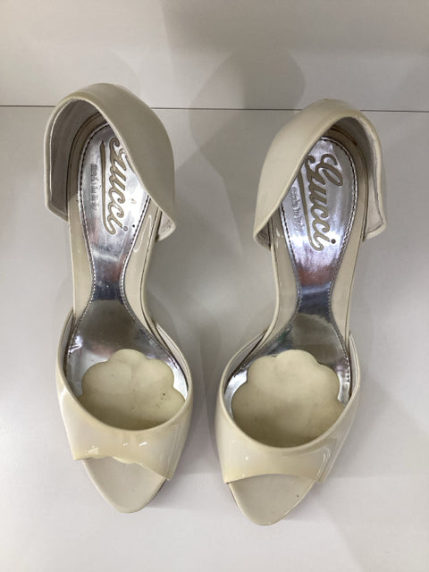Sz 37 Gucci White Patent Leather Wedge Pumps Shoes