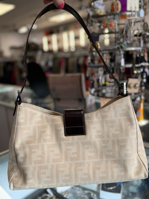 Fendi Canvas Ivory Baguette w/ Brown Leather Accents Designer Bag