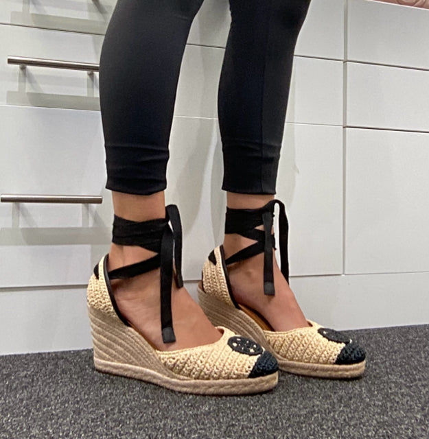 Pre Owned Tory Burch Sz 9 Crochet Toe Cap Wedge Espadrilles Shoes