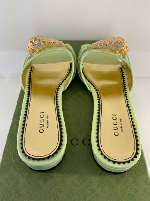 NIB Gucci Sz 36 Pistachio Leather w/ Regent Tiger Slides Shoes