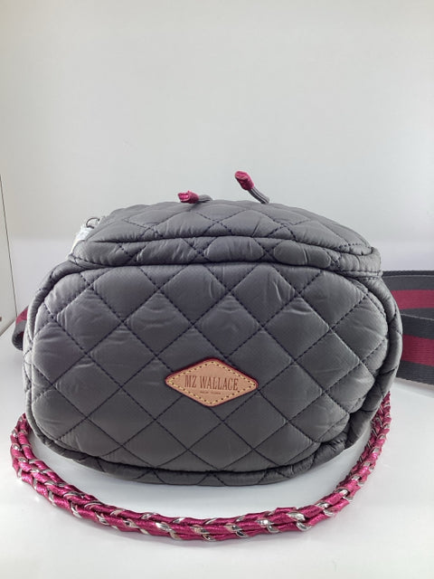 NWT Mz Wallace Medium Nylon Greyw/ Pink Accents Cross Body Bucket Bag.