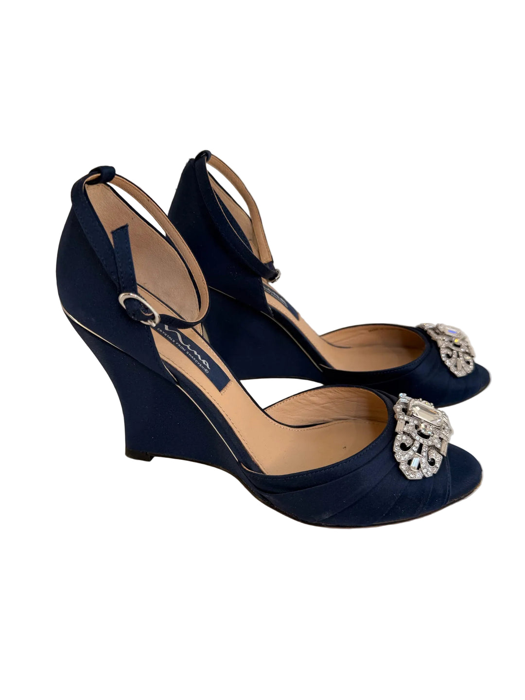 Nina Navy Wedge Satin Sandles Sz 8