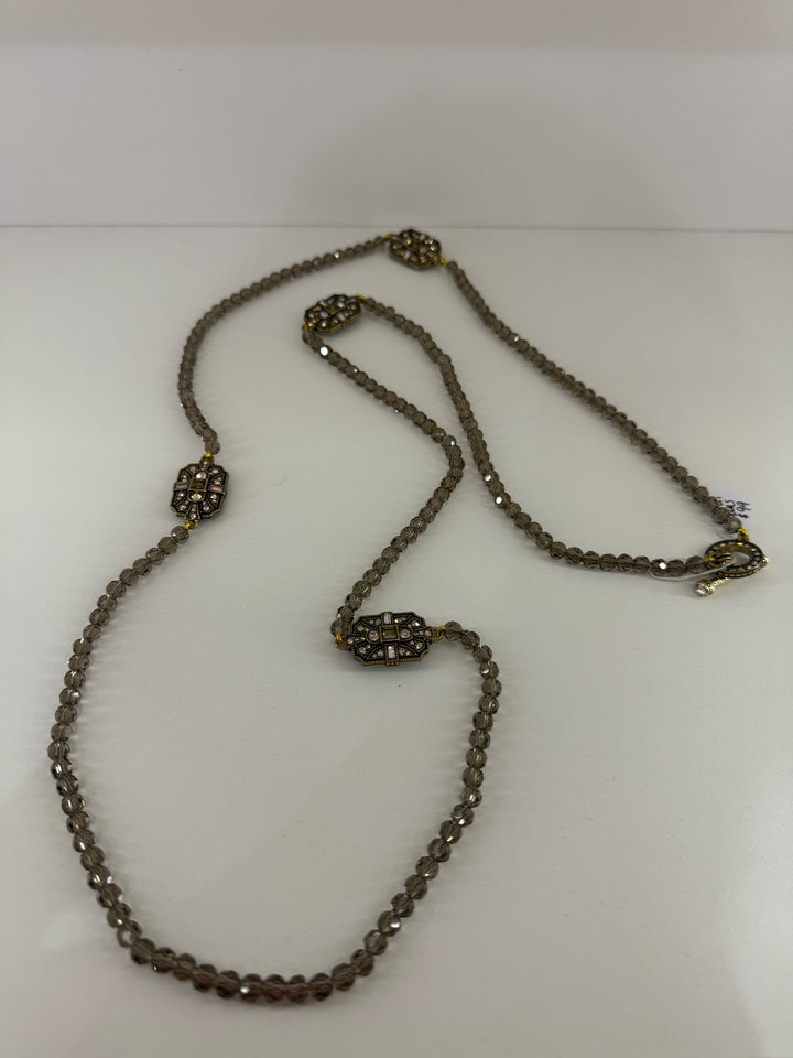 Heidi Daus HSN Vintage Deco Trilogy Crystal Pendant 4 station smoky quartz toggle Necklace
