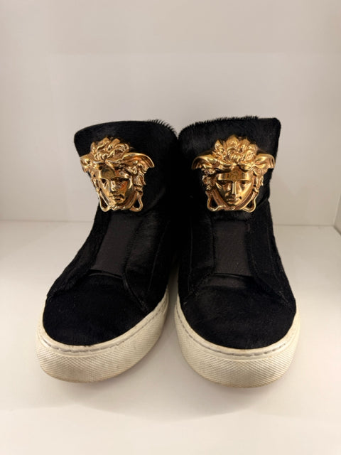 Pre Owned Versace High Top Sneaker Black Calf Hair w/ Medusa embellished Size 39.5