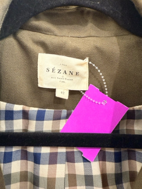 SEZANE Sz 42 Olive Green Trench Jacket Coat w/ Plaid Lining