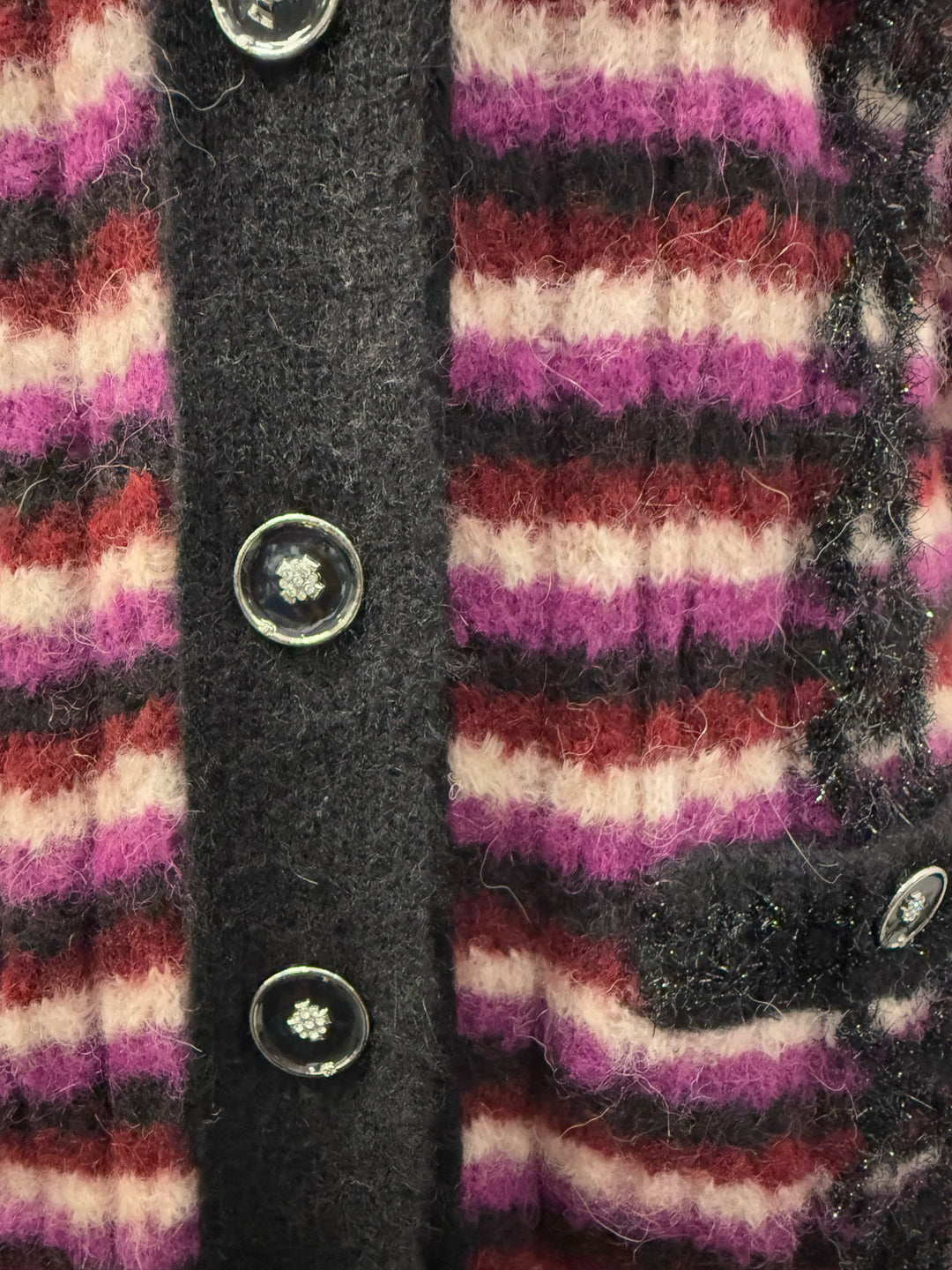 Chanel L/S V Neck Alpaca Striped Black Trim Cardigan Size 34